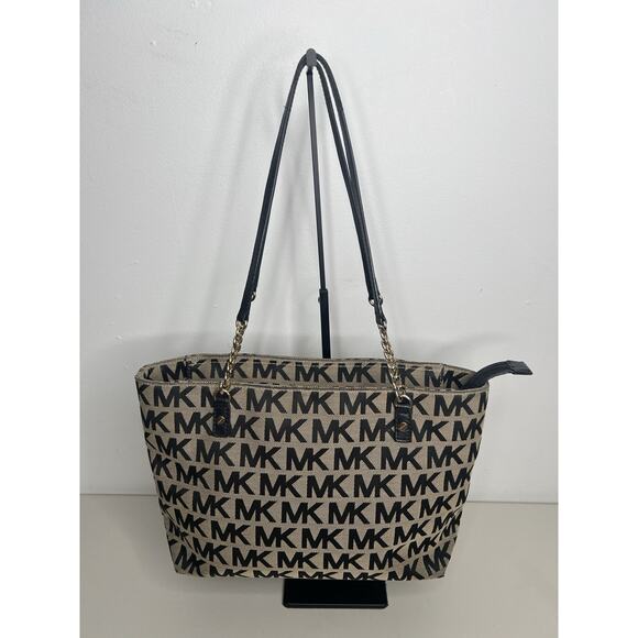 Michael Kors Tote Purse Black Tan Canvas Signature Logo - Picture 1 of 16